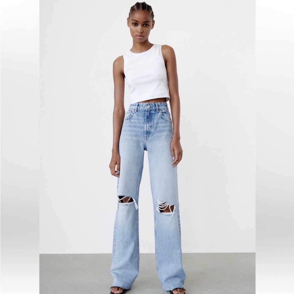 Zara Wide Leg High Rise Ripped Jeans
